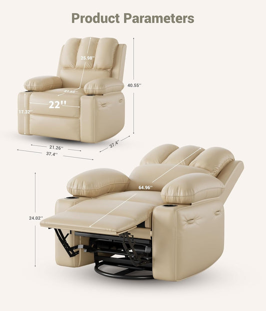 22'' Rocker Swivel Recliner Chair, Lazy Recliner for Adults, with 1.5X Sponge Filling, Side Pocket, and Cup Holder, for Living Room, Bedroom, and Nursery, Creamy-1