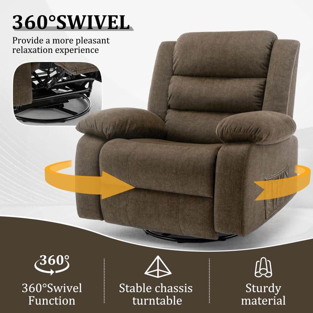 Recliner Chair, Wide Rocker Chair, Rocking Chair with Massage and Heat,360°Swivel Nursery Rocking Chairs, Oversized Recliner for Adults, Cashmere Reclining Sofa for Living Room, Brown - Loft&Timber