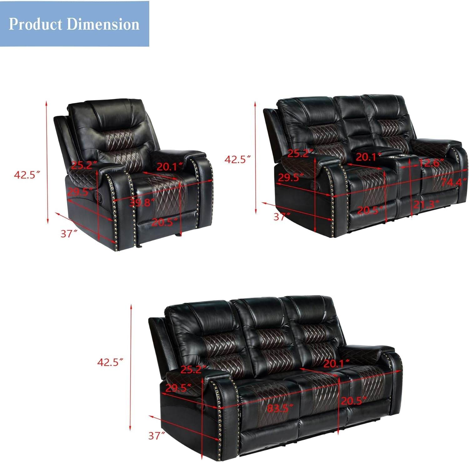 PU Leather Sofa Set, 3 Pieces in Black - Loft&Timber