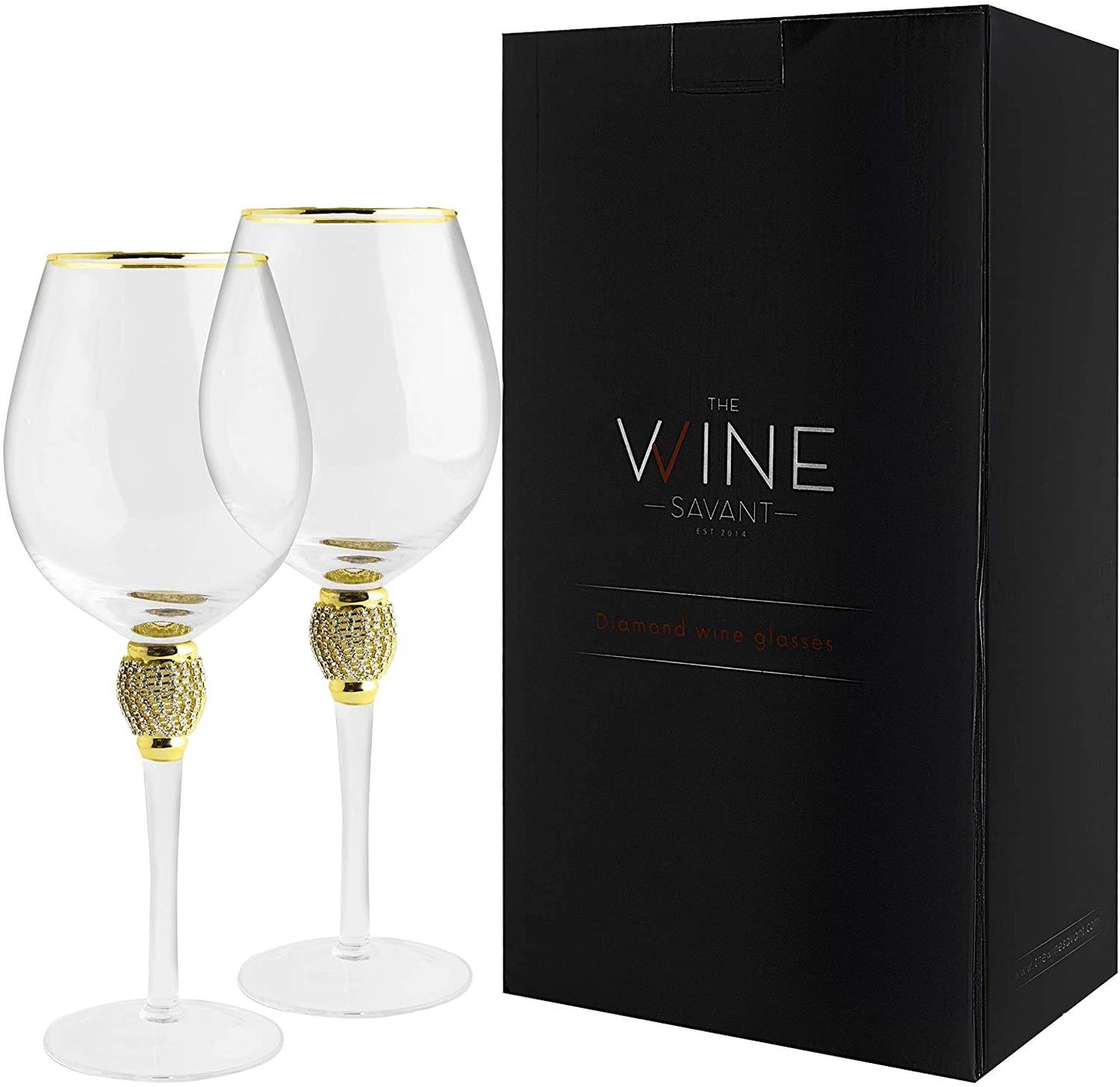 The Wine Savant Large Diamond Wine Glasses, Gold Rim Rhinestone Diamond Glasses - Wedding Glasses - 15 Ounce, Premium Designed Wine Glasses for Spirits and Wine, Gift Boxed (2, Clear) - Loft&Timber