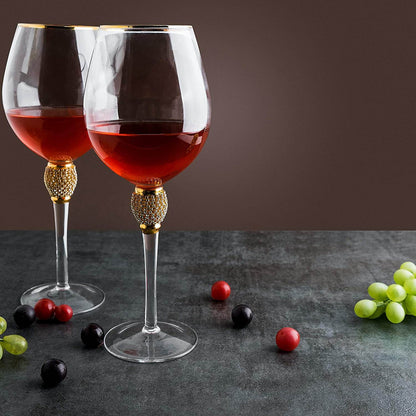 The Wine Savant Large Diamond Wine Glasses, Gold Rim Rhinestone Diamond Glasses - Wedding Glasses - 15 Ounce, Premium Designed Wine Glasses for Spirits and Wine, Gift Boxed (2, Clear) - Loft&Timber