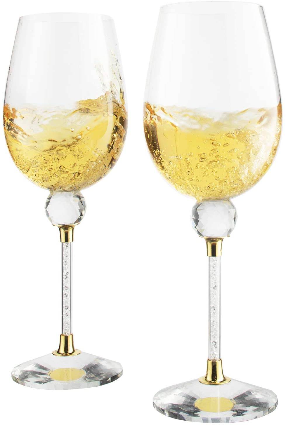 The Wine Savant Rhinestone DIAMOND Studded Wine Glasses 16 Ounces Set of 2 10-inches Tall, Gold and Laser Cut Sparkling Wine Wedding Glasses, Elegant Crystal - For Everyday, Weddings, Parties - Loft&Timber