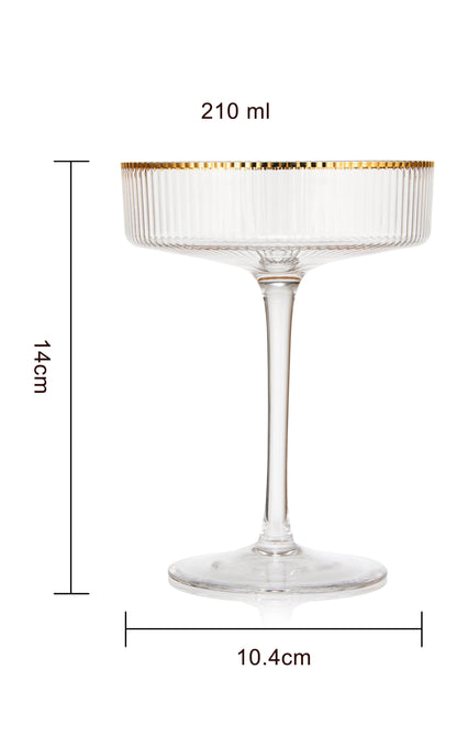 Ribbed Coupe Cocktail Glasses With Gold Rim 8 oz | Set of 2 | Classic Manhattan Glasses For Cocktails, Champagne Coupe, Ripple Coupe Glasses, Art Deco Gatsby Vintage, Crystal with Stems - Loft&Timber