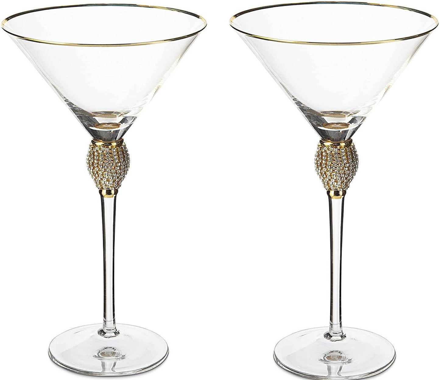 Diamond Collection 2 Piece Stemmed Martini Set - Rhinestone For Drinking Martinis, Manhattans, Vodka, Gin, Cocktails Gold Accent Cocktail Glasses, Perfect For Any Bar or Party 10oz - Swarovski Style - Loft&Timber