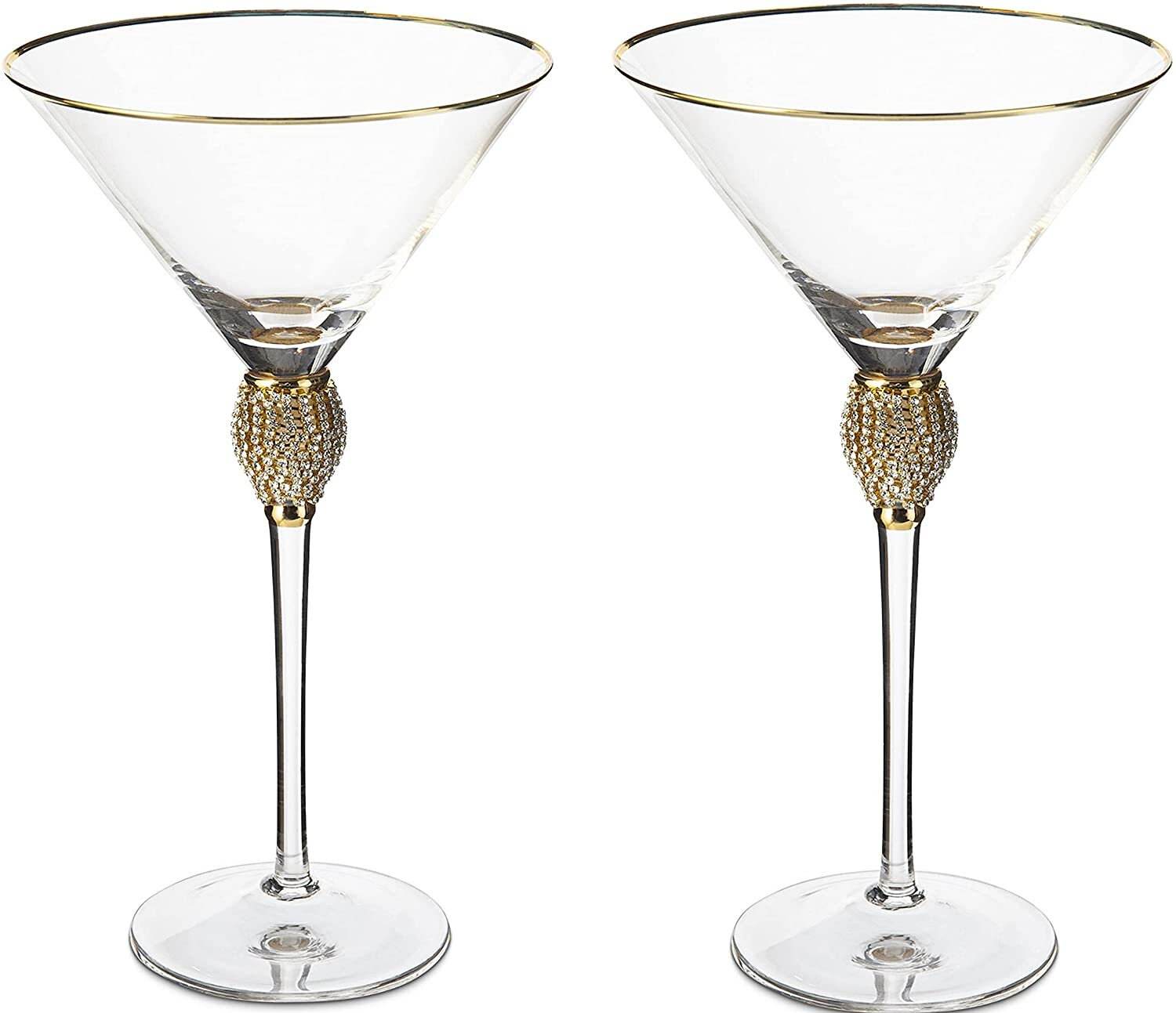 Diamond Collection 2 Piece Stemmed Martini Set - Rhinestone For Drinking Martinis, Manhattans, Vodka, Gin, Cocktails Gold Accent Cocktail Glasses, Perfect For Any Bar or Party 10oz - Swarovski Style - Loft&Timber