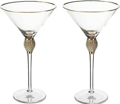 Diamond Collection 2 Piece Stemmed Martini Set - Rhinestone For Drinking Martinis, Manhattans, Vodka, Gin, Cocktails Gold Accent Cocktail Glasses, Perfect For Any Bar or Party 10oz - Swarovski Style - Loft&Timber