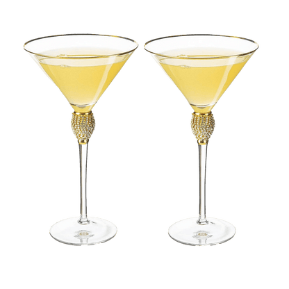 Diamond Collection 2 Piece Stemmed Martini Set - Rhinestone For Drinking Martinis, Manhattans, Vodka, Gin, Cocktails Gold Accent Cocktail Glasses, Perfect For Any Bar or Party 10oz - Swarovski Style - Loft&Timber