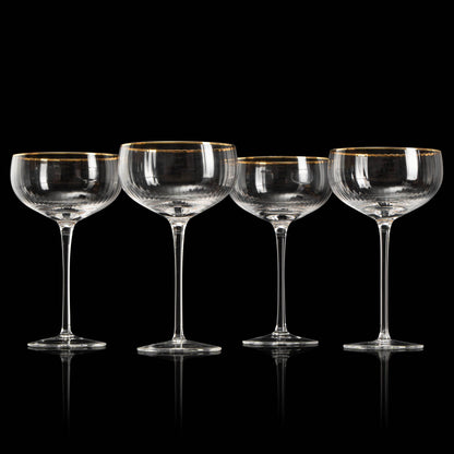 Gold Rim Glasses 7 oz, Set of 4 Gold Rim Classic Manhattan Glasses For Martini, Cocktails, Champagne, Wine - The Wine Savant (Ribbed) - Loft&Timber