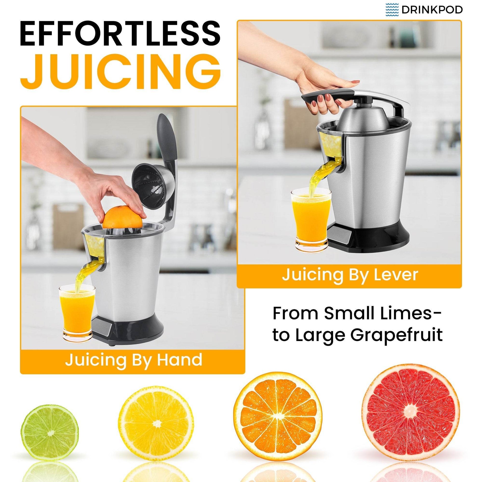 Premium Electric Orange Juicer | Stainless Steel Citrus Squeezer With New Ultra-Powerful Motor and Soft Grip Handle for Effortless Juicing, Auto Shutoff, Dishwasher-safe Parts, Pulp Control - Loft&Timber
