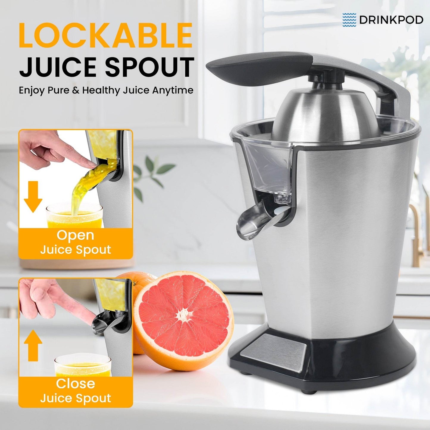 Premium Electric Orange Juicer | Stainless Steel Citrus Squeezer With New Ultra-Powerful Motor and Soft Grip Handle for Effortless Juicing, Auto Shutoff, Dishwasher-safe Parts, Pulp Control - Loft&Timber
