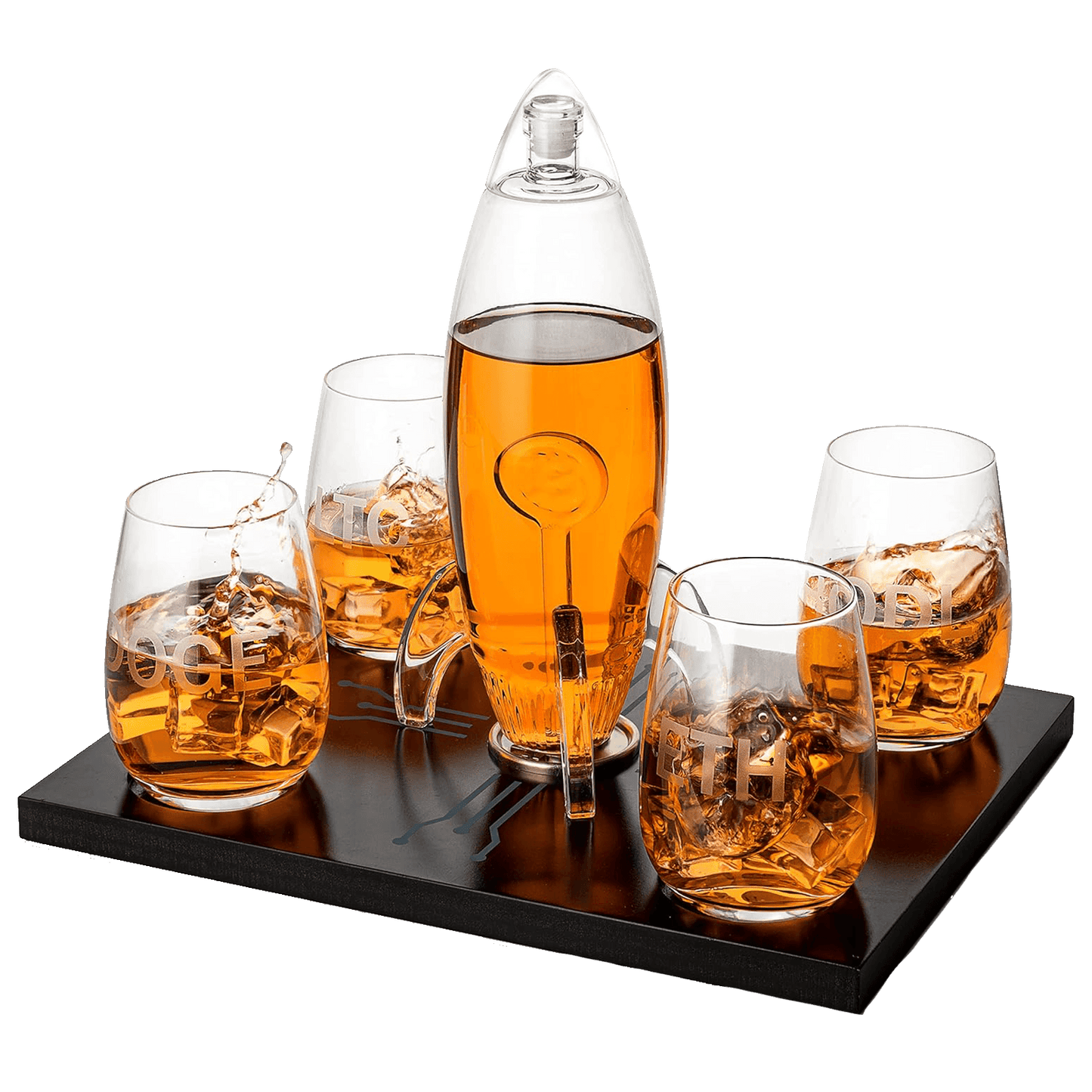 Cryptocurrency Decanter, Bitcoin Decanter To The Moon, Crypto Elon Musk Lovers Ethereum Whiskey & Wine Decanter Set 450ml Four 12 oz Glasses by The Wine Savant Rocket Decanter - Crypto Gifts, HODL - Loft&Timber