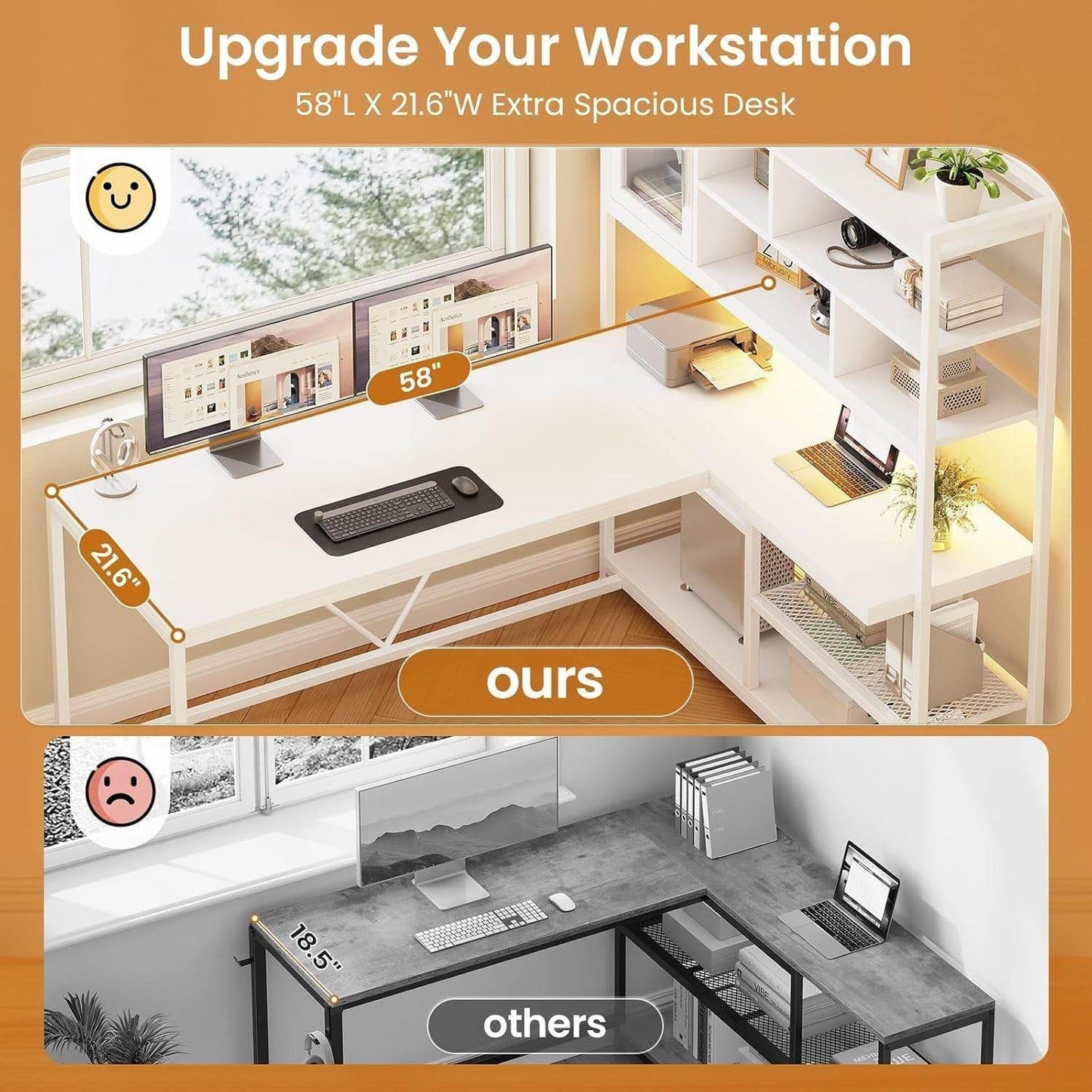 L Shaped Computer Desk, 58'' in White - Loft&Timber