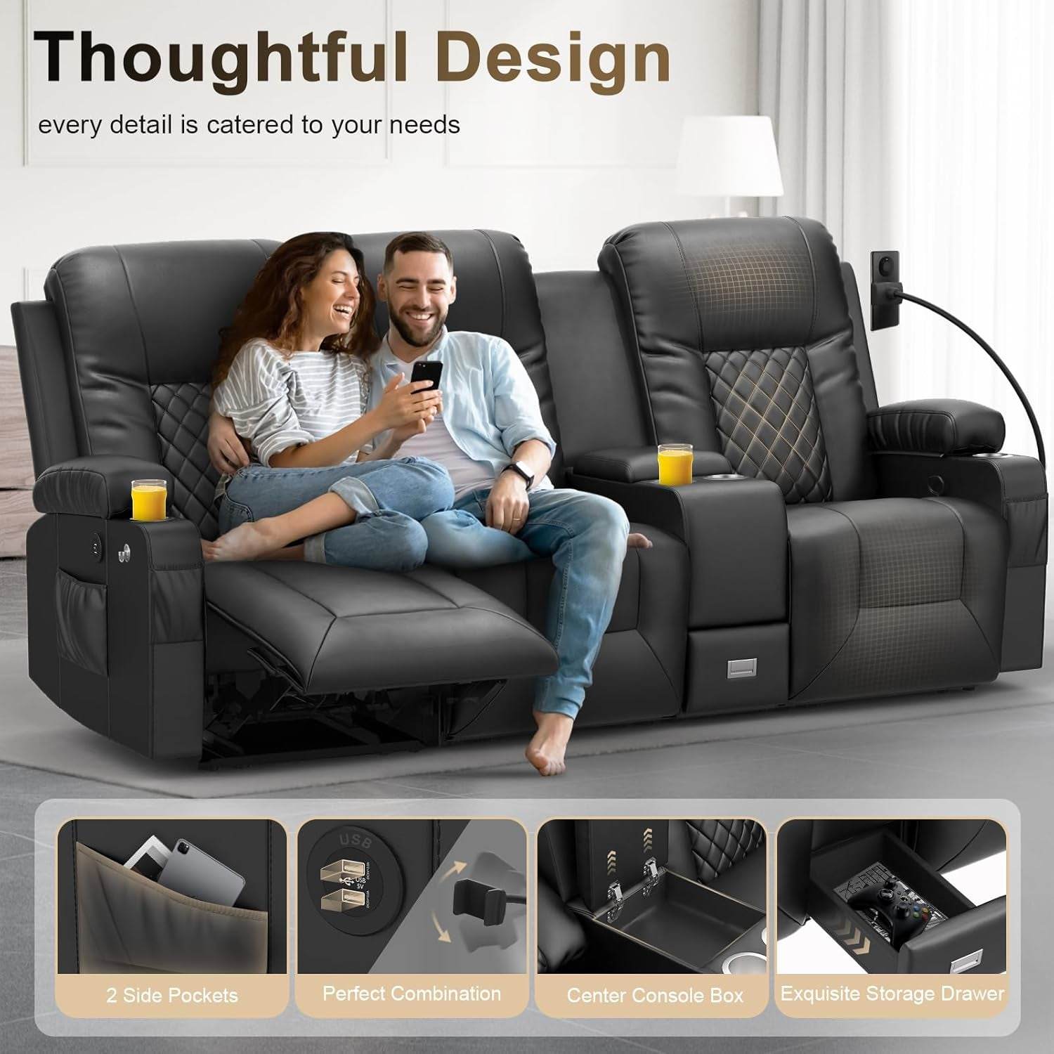 Large 3 Seat Recliner Sofa with USB Ports - Loft&Timber