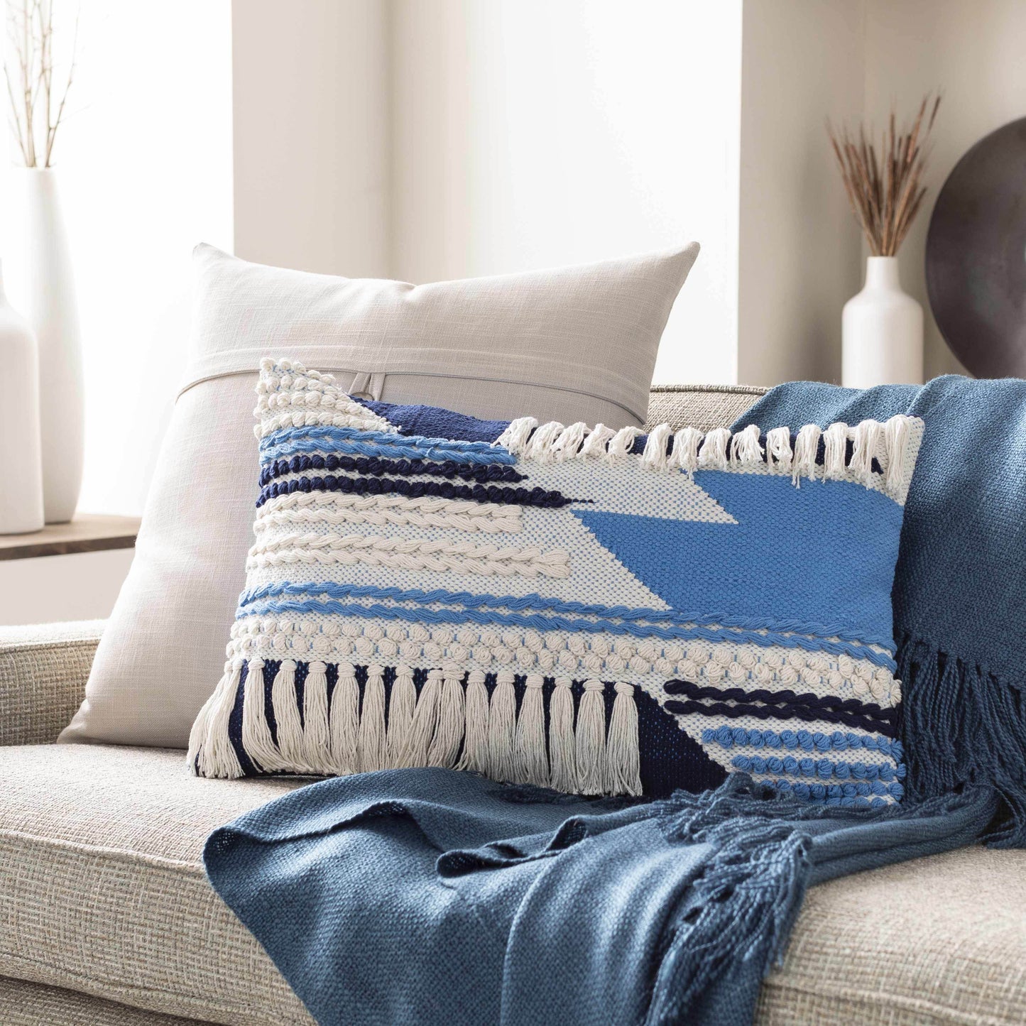 Lacaron Blue Chevron Fringe Lumbar Pillow - Clearance - Loft&Timber