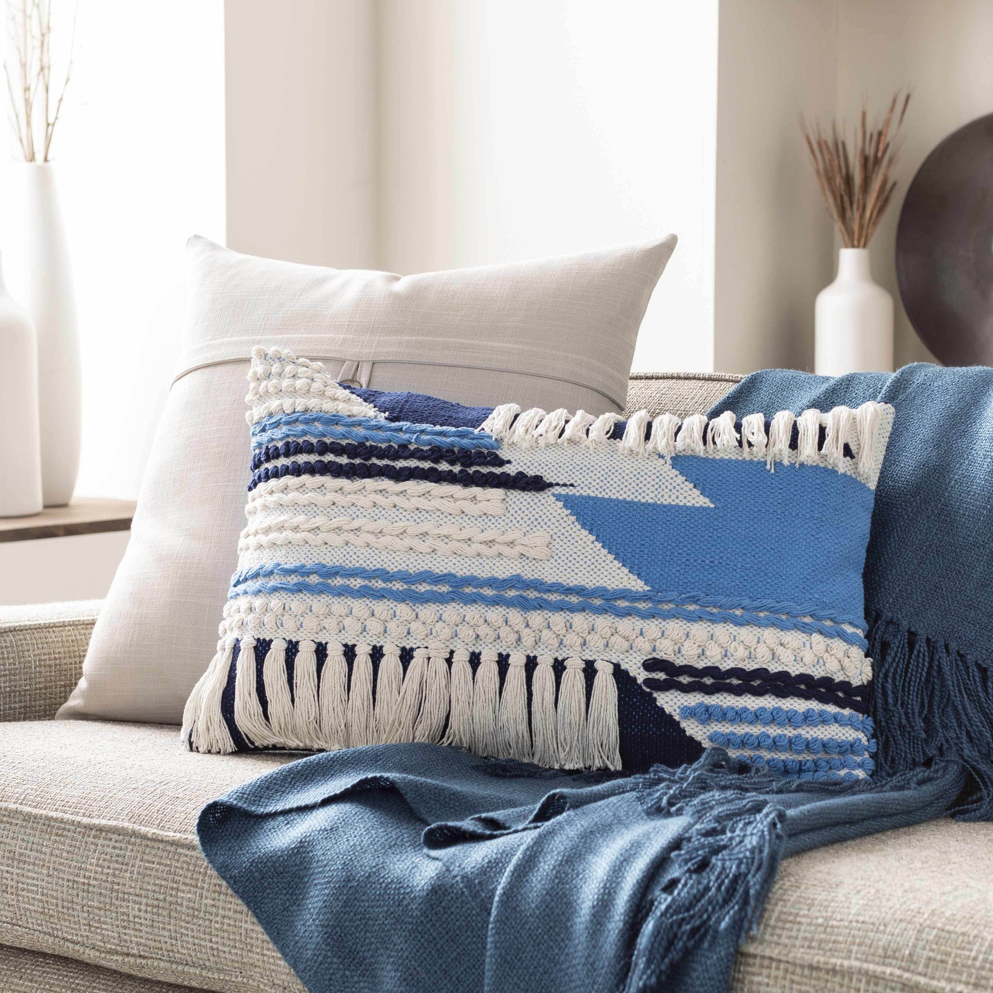 Lacaron Blue Chevron Fringe Lumbar Pillow - Clearance - Loft&Timber
