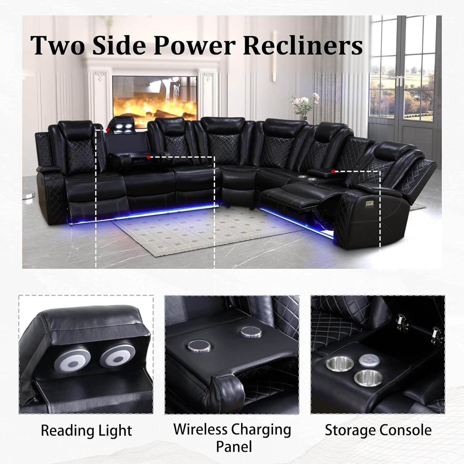 Leather Power Recliner Sectional Sofa with USB Charging - Loft&Timber