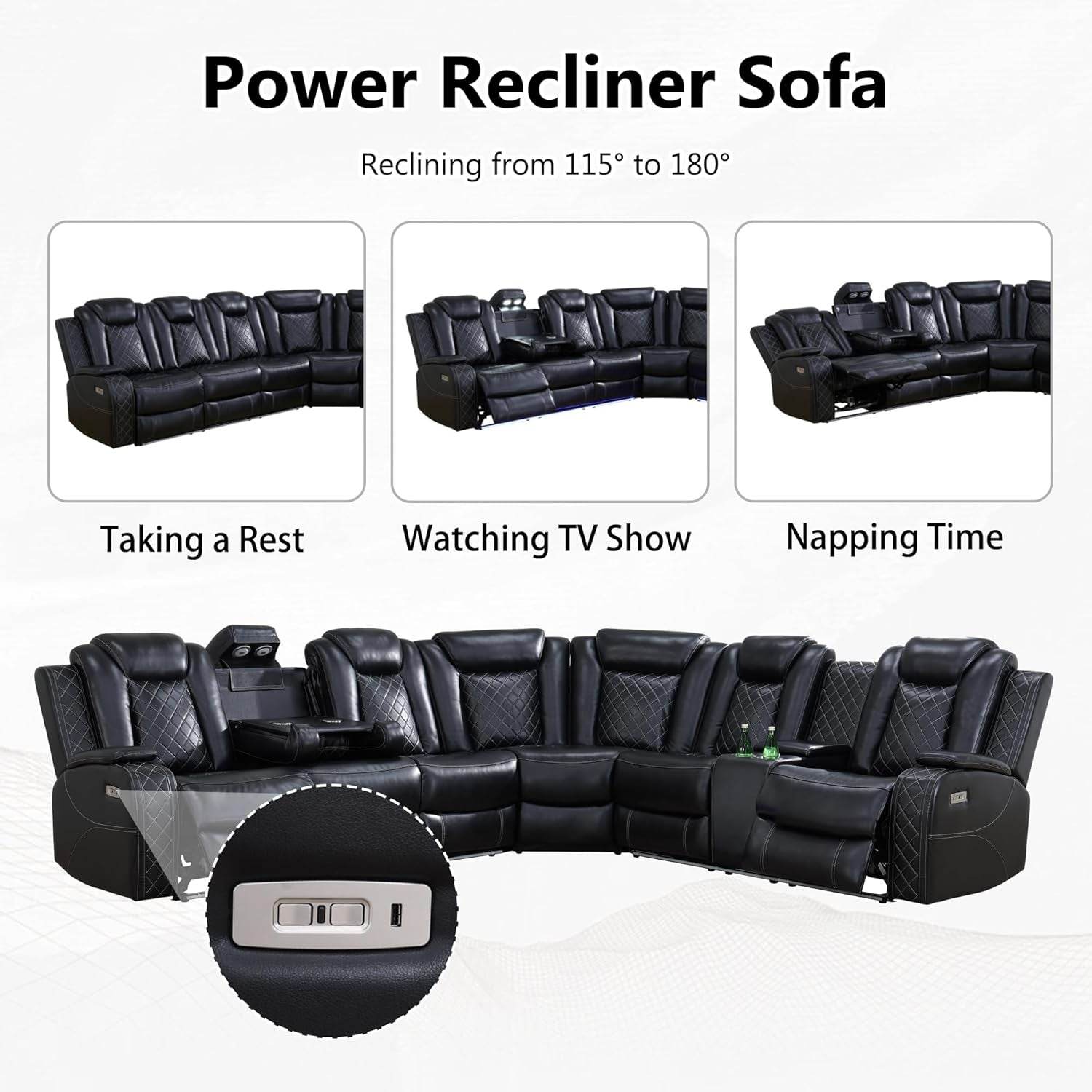 Leather Power Recliner Sectional Sofa with USB Charging - Loft&Timber