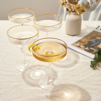 Ribbed Coupe Cocktail Glasses With Gold Rim 8 oz | Set of 4 | Classic Manhattan Glasses For Cocktails, Champagne Coupe, Ripple Coupe Glasses, Art Deco Gatsby Vintage, Crystal with Stems - Loft&Timber