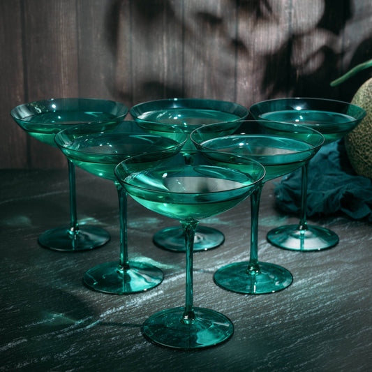 The Wine Savant Colored Vintage Glass Coupes 12oz Colorful Cocktail, Martini & Champagne Glasses, Prosecco, Mimosa Glasses Set, Cocktail Glass Set, Bar Glassware Luster Glasses, Modern (6, Teal) - Loft&Timber