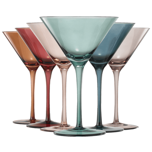 Colored Crystal Martini & Cocktail Glass Set of 6, Gift For Her, Wife, Mom Friend - Large 10 oz Glasses, Unique Italian Style Tall Drinkware - Drinkware, Dinner, Color Beautiful Glassware - (Pastel) - Loft&Timber