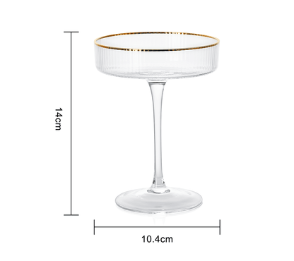 Ribbed Coupe Cocktail Glasses With Gold Rim 8 oz | Set of 4 | Classic Manhattan Glasses For Cocktails, Champagne Coupe, Ripple Coupe Glasses, Art Deco Gatsby Vintage, Crystal with Stems - Loft&Timber