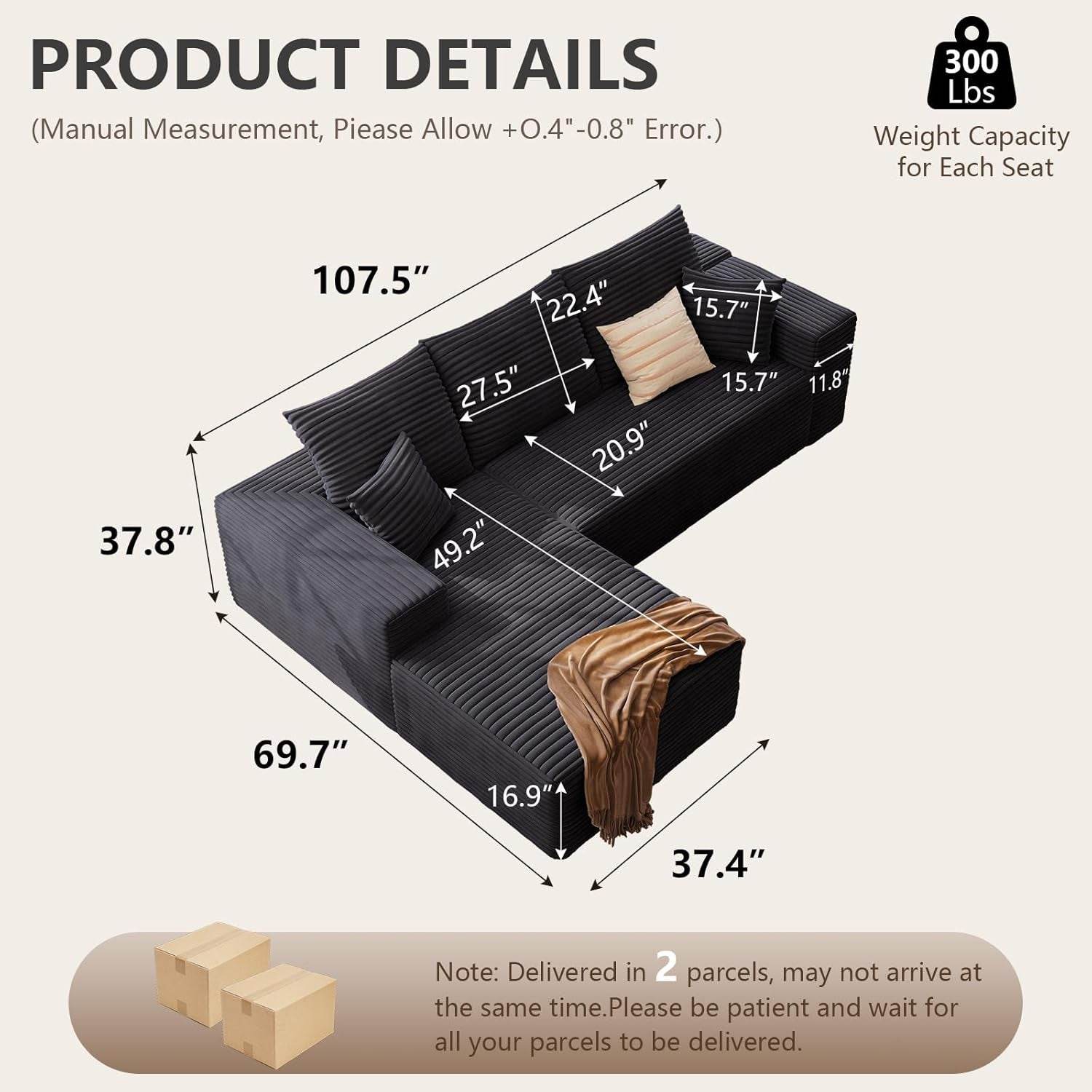 Modern 107 Inch Cloud Sectional Couch with Chaise - Loft&Timber