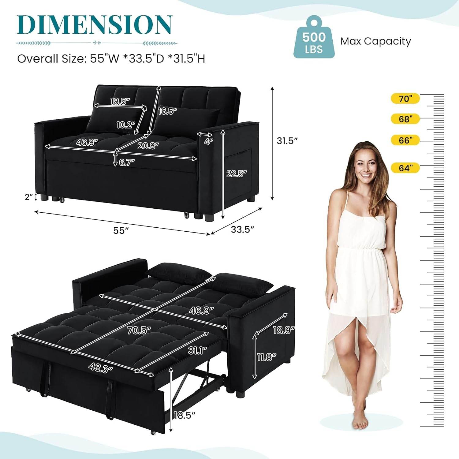 Modern Velvet 3 in 1 Convertible Sleeper Sofa Bed - Loft&Timber