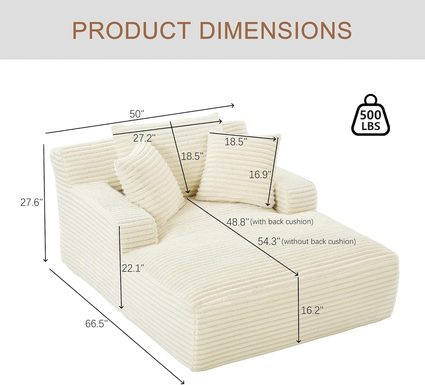 50" Oversized Chaise Lounge Sofa Chair Indoor, Modern Corduroy Sleeper Sofa Cloud Couch with 3 Soft Pillows, Comfy Single Seat Floor Chair for Living Room Apartment Office (White)-1