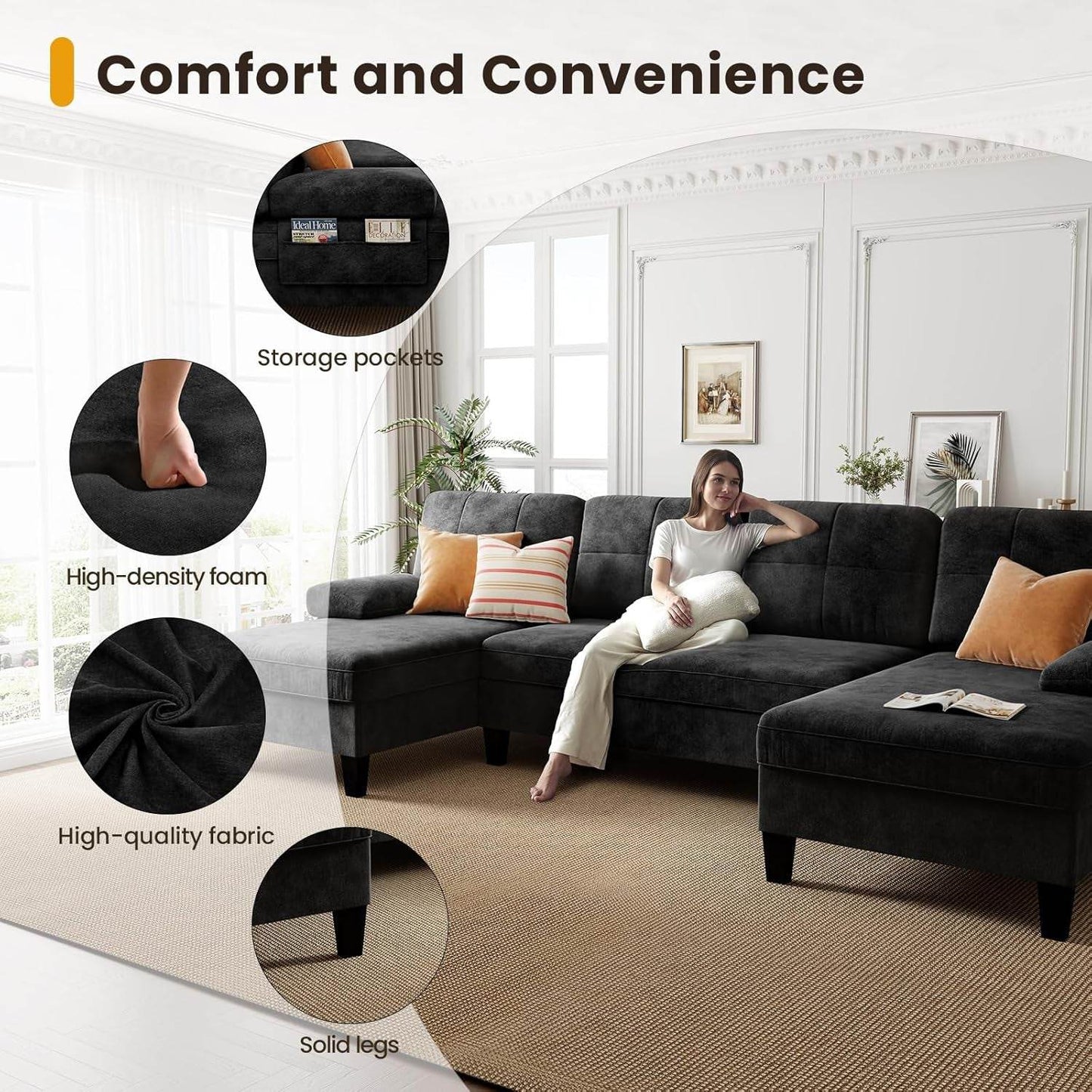 Oversized U Shaped Sectional Sofa with Storage Pockets - Loft&Timber