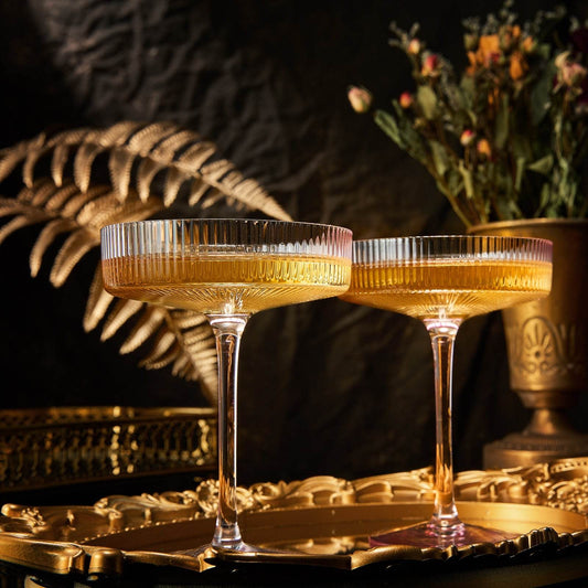 The Wine Savant Ribbed Coupe Cocktail Glasses 8 oz | Set of 2 | Classic Manhattan Glasses For Cocktails, Champagne Coupe, Ripple Coupe Glasses, Art Deco Gatsby Vintage, Crystal with Stems (Rose Pink) - Loft&Timber