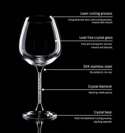 Crystal Wine Glasses Diamond Filled Stem, White and Red Wine, With Laser Cut Diamond Base Large 18 Ounces - Loft&Timber