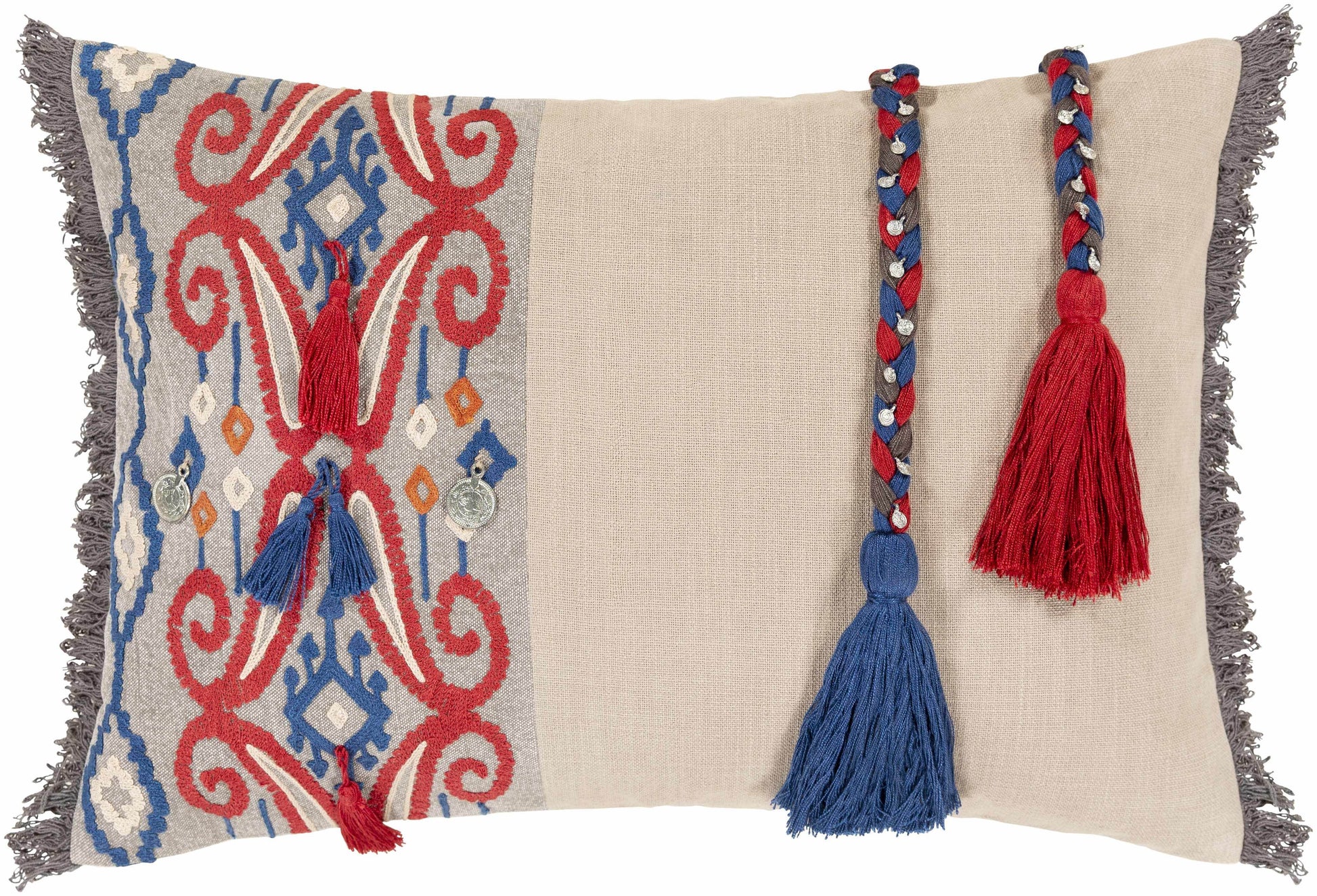 Rogerson Tassel Embroidered Beige Lumbar Pillow - Clearance - Loft&Timber