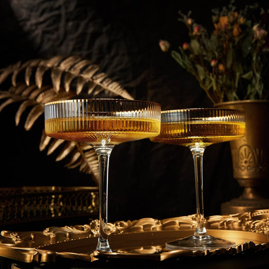 Ribbed Coupe Cocktail Glasses With Gold Rim 8 oz | Set of 2 | Classic Manhattan Glasses For Cocktails, Champagne Coupe, Ripple Coupe Glasses, Art Deco Gatsby Vintage, Crystal with Stems - Loft&Timber