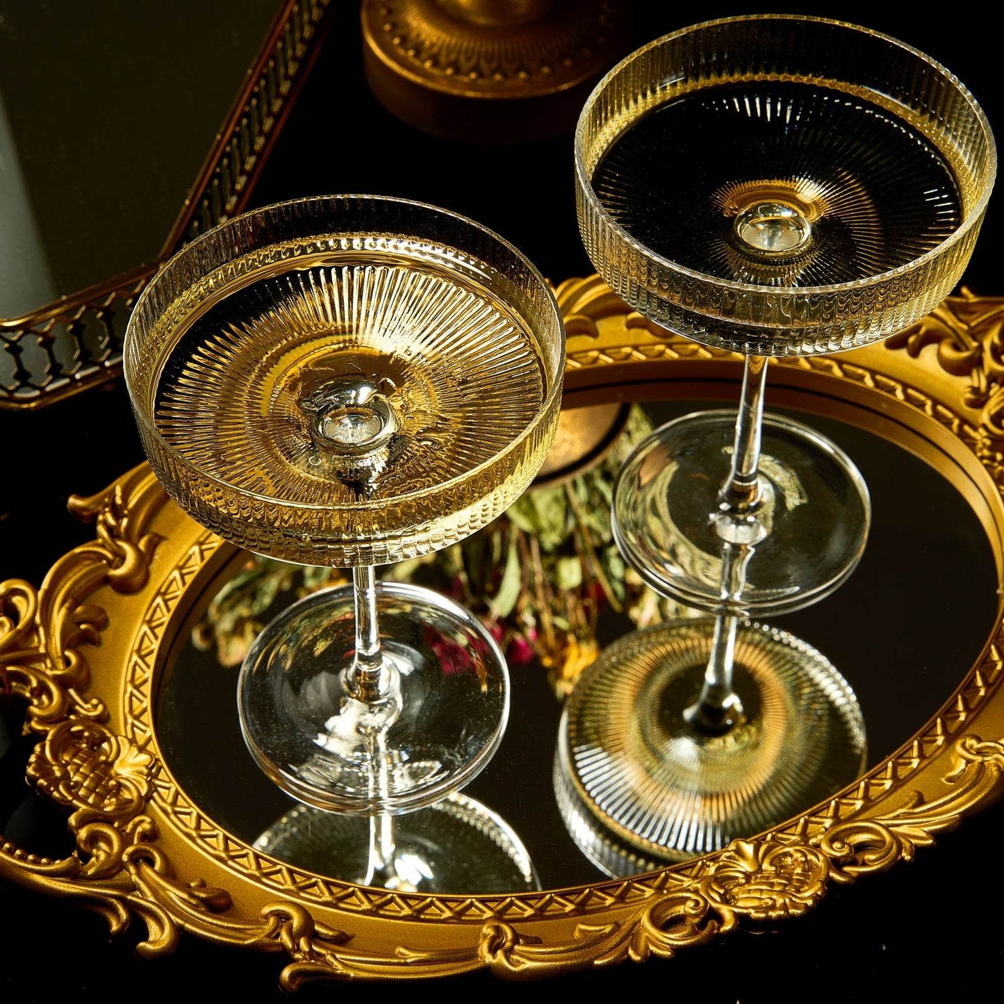 Vintage Art Deco Coupe Glasses Ribbed Coupe Cocktail Glasses 8 oz | Set of 2 | Crystal Cocktail Glassware for Champagne Classic Manhattan Goblet For Cocktails , Ripple Coupe Glassware - Gift Box - Loft&Timber