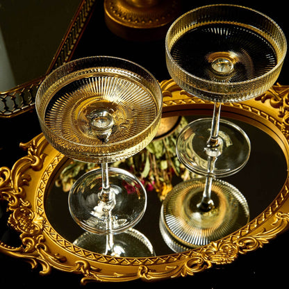 Vintage Art Deco Coupe Glasses Ribbed Coupe Cocktail Glasses 8 oz | Set of 2 | Crystal Cocktail Glassware for Champagne Classic Manhattan Goblet For Cocktails , Ripple Coupe Glassware - Gift Box - Loft&Timber