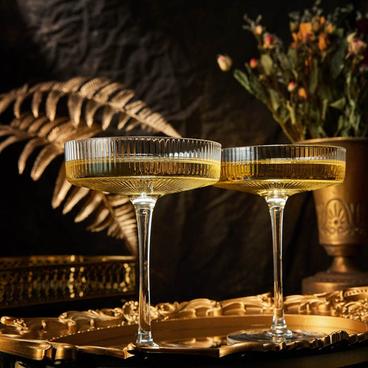 Vintage Art Deco Coupe Glasses Ribbed Coupe Cocktail Glasses 8 oz | Set of 2 | Crystal Cocktail Glassware for Champagne Classic Manhattan Goblet For Cocktails , Ripple Coupe Glassware - Gift Box - Loft&Timber