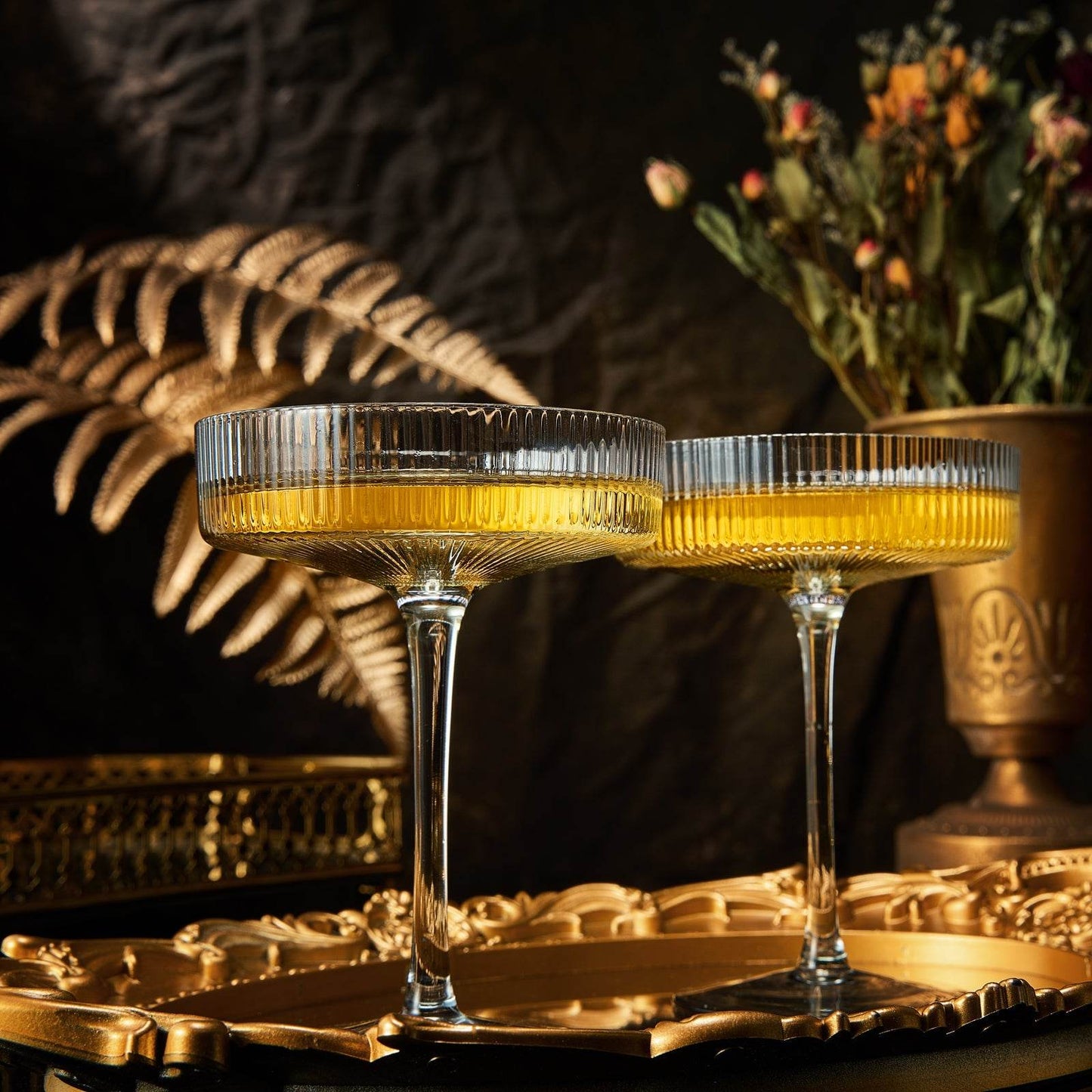 Ribbed Coupe Cocktail Glasses 8 oz | Set of 2 | Classic Manhattan Glasses For Cocktails, Champagne Coupe, Ripple Coupe Glasses, Art Deco Gatsby Vintage, Crystal with Stems (Smoke Grey) - Loft&Timber