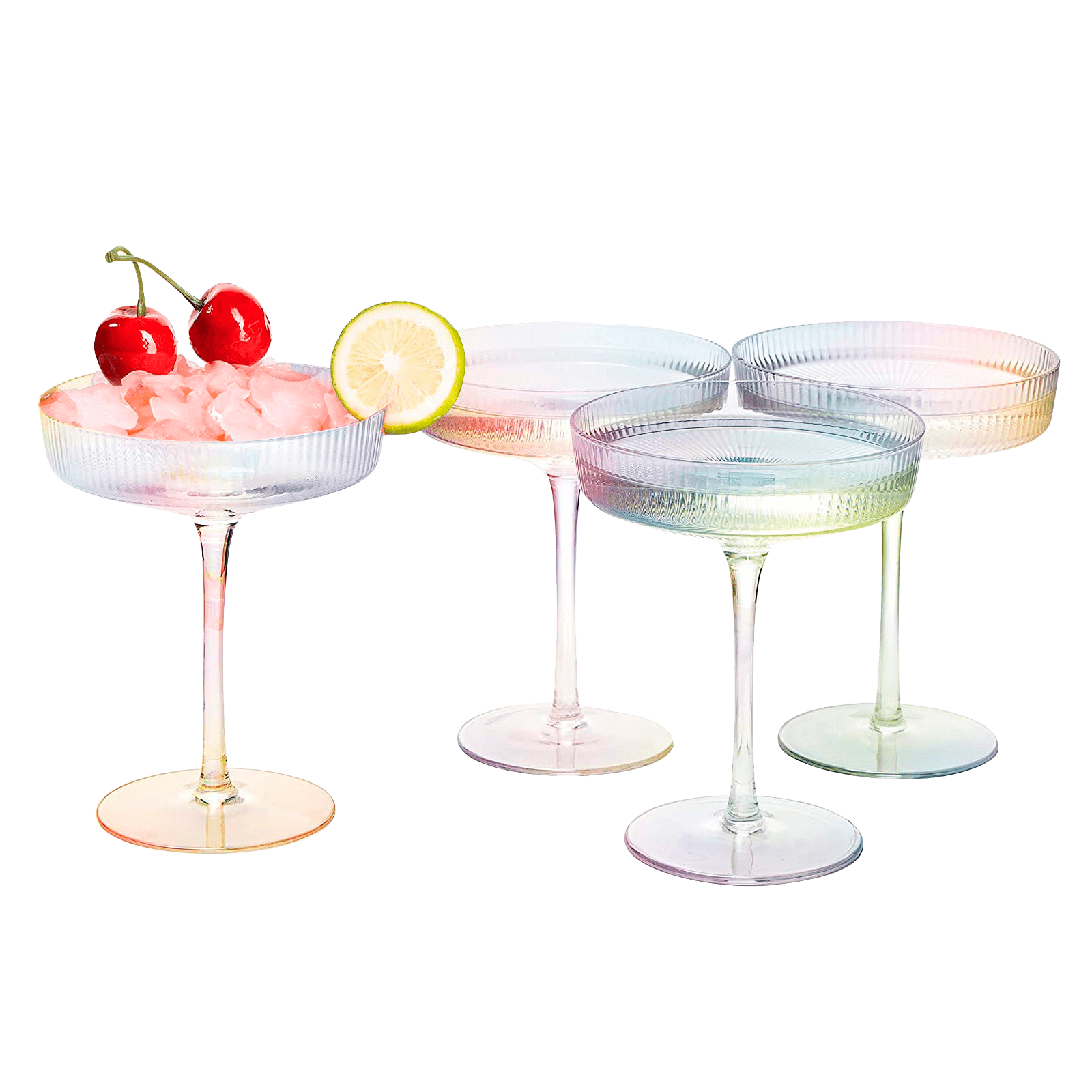 Ribbed Coupe Cocktail Glasses 8 oz | Set of 4 | Classic Manhattan Glasses For Cocktails, Champagne Coupe, Ripple Coupe Glasses, Art Deco Gatsby Vintage, Crystal with Stems (Iridescent) - Loft&Timber