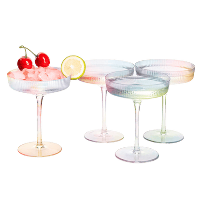 Ribbed Coupe Cocktail Glasses 8 oz | Set of 4 | Classic Manhattan Glasses For Cocktails, Champagne Coupe, Ripple Coupe Glasses, Art Deco Gatsby Vintage, Crystal with Stems (Iridescent) - Loft&Timber
