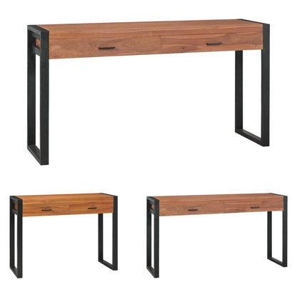 vidaXL Desk Standing Computer Desk Home Office Desk with 2 Drawers Teak Wood - Loft&Timber