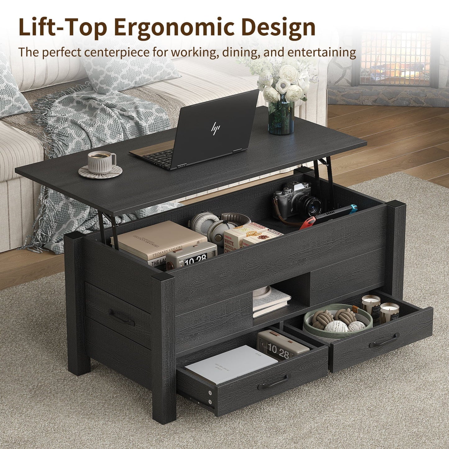 Yanosaku CT002 Lift Top Coffee Table with Storage, Modern Farmhouse Black-3