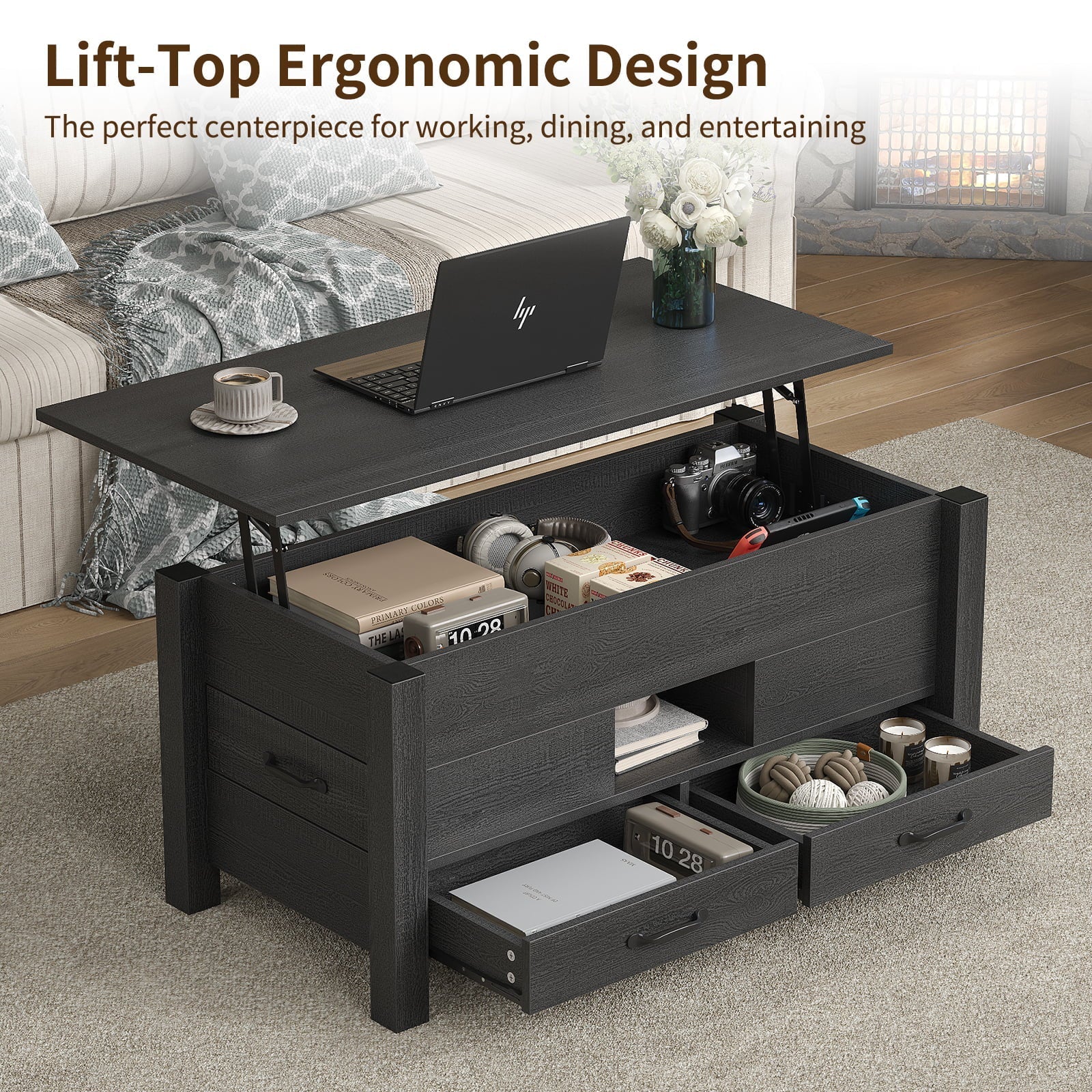 Yanosaku CT002 Lift Top Coffee Table with Storage, Modern Farmhouse Black-3