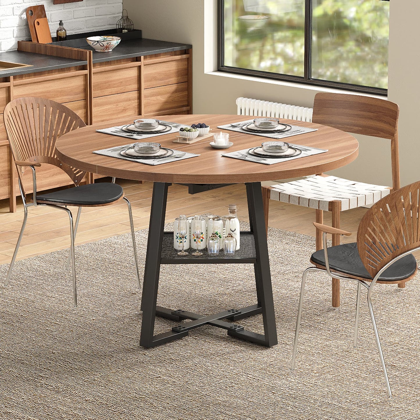 Yanosaku DT001 47" Extendable Round Table for 4–8, Walnut Metal Frame-3