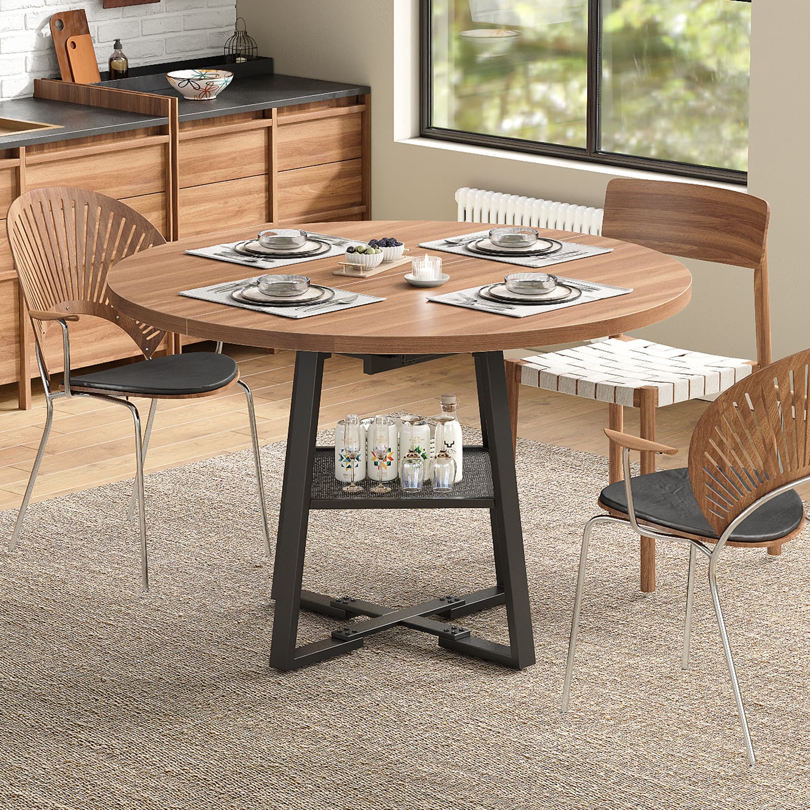 Yanosaku DT001 47" Extendable Round Table for 4–8, Walnut Metal Frame-3