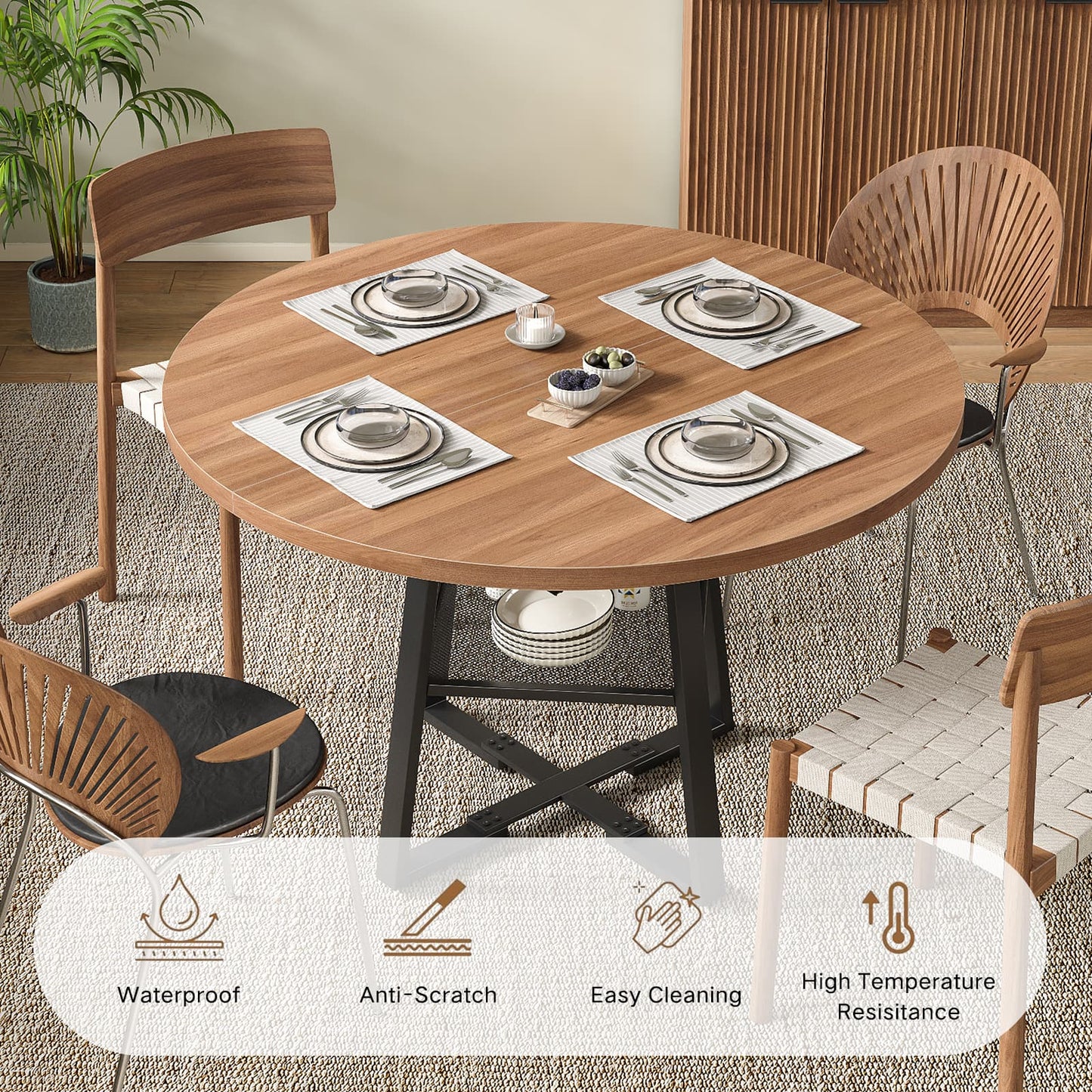 Yanosaku DT001 47" Extendable Round Table for 4–8, Walnut Metal Frame-4