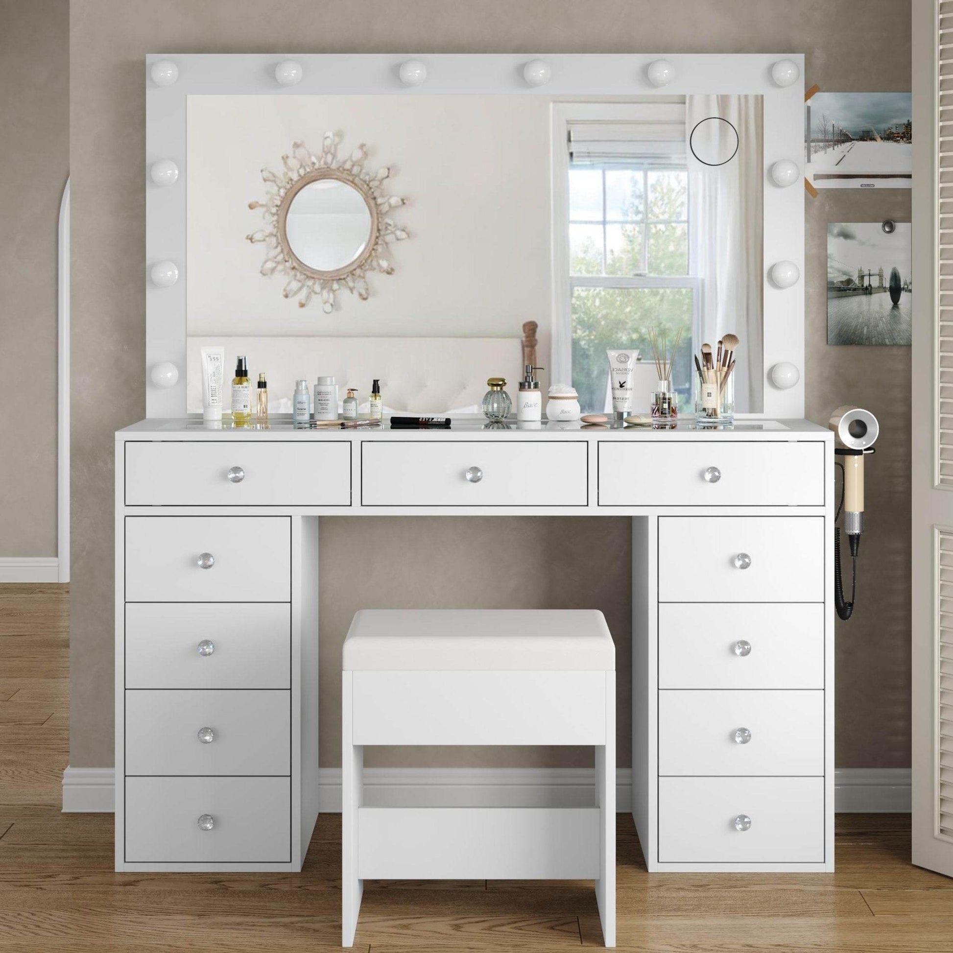 Yanosaku VD003 Bedroom Makeup Vanity desk with LED Mirror, 11 Drawers - Loft&Timber