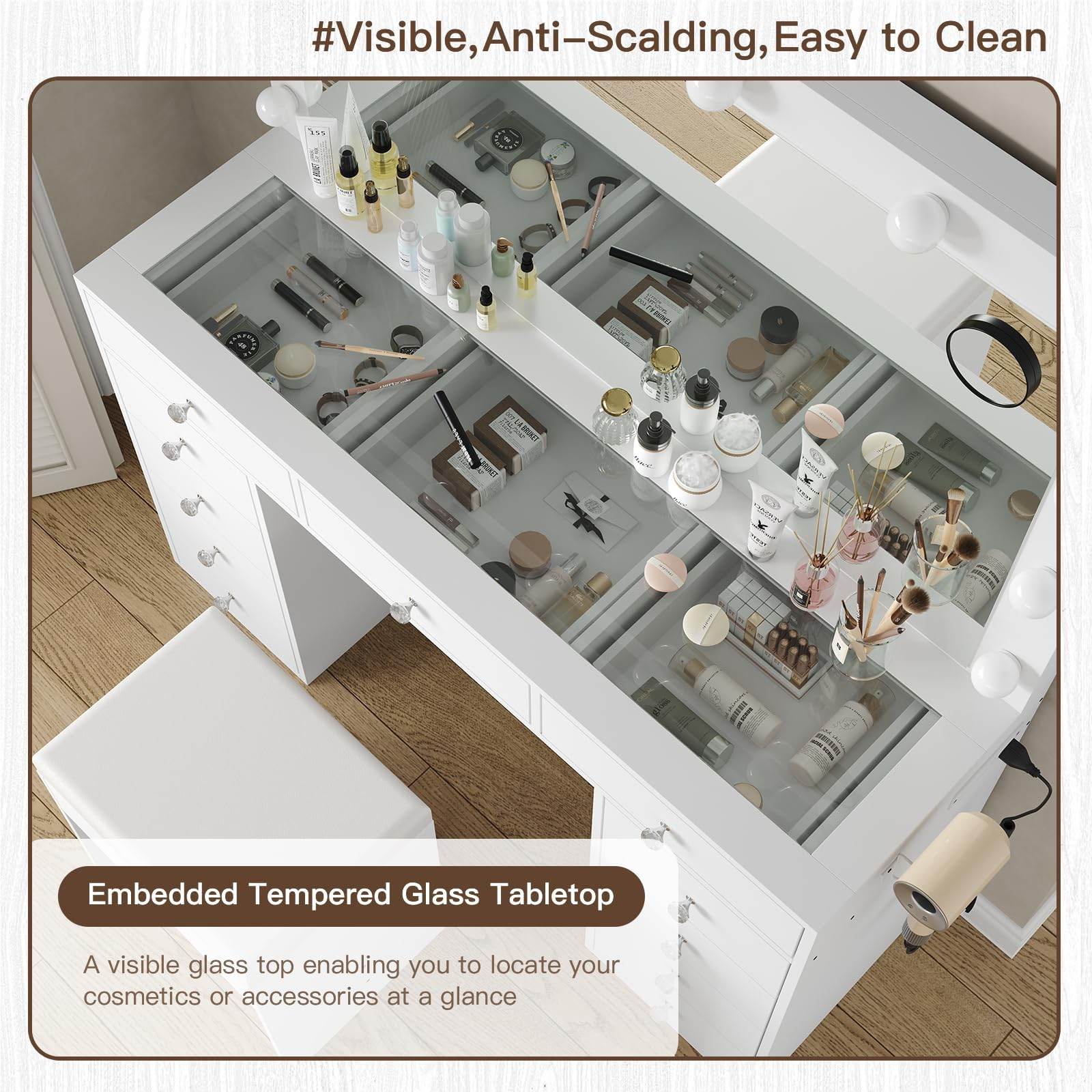 Yanosaku VD003 Bedroom Makeup Vanity desk with LED Mirror, 11 Drawers - Loft&Timber
