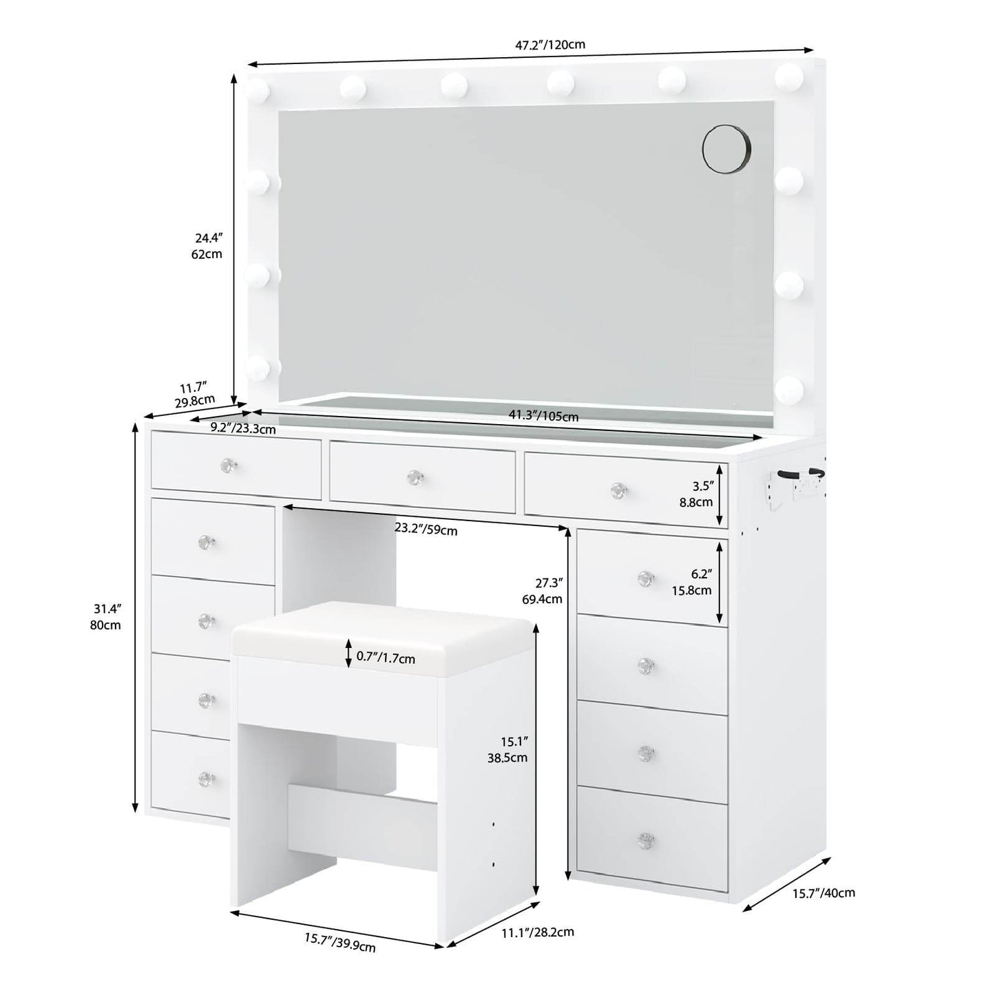 Yanosaku VD003 Bedroom Makeup Vanity desk with LED Mirror, 11 Drawers - Loft&Timber
