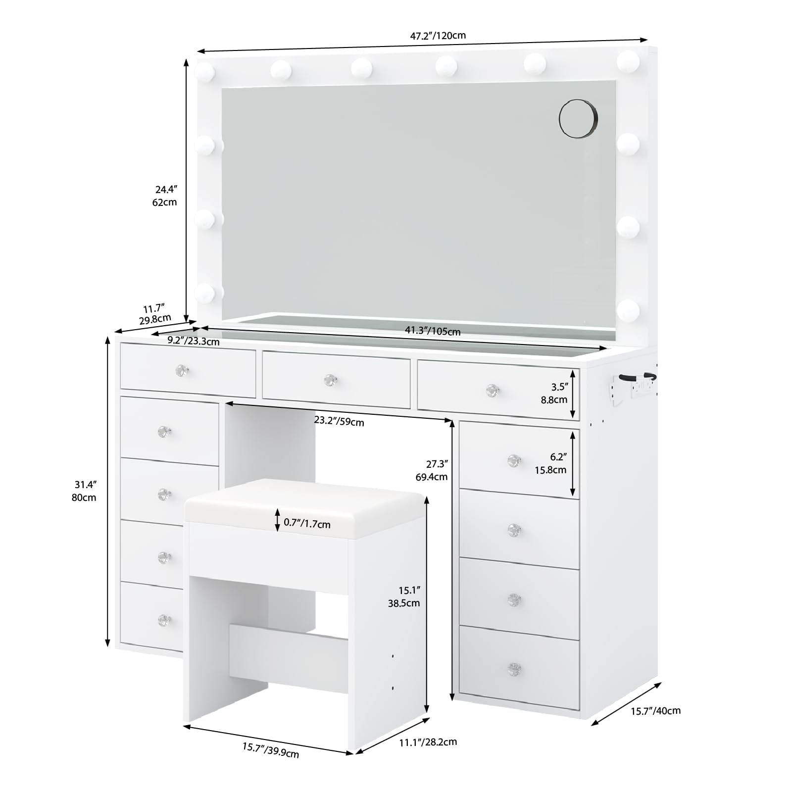Yanosaku VD003 Bedroom Makeup Vanity desk with LED Mirror, 11 Drawers - Loft&Timber