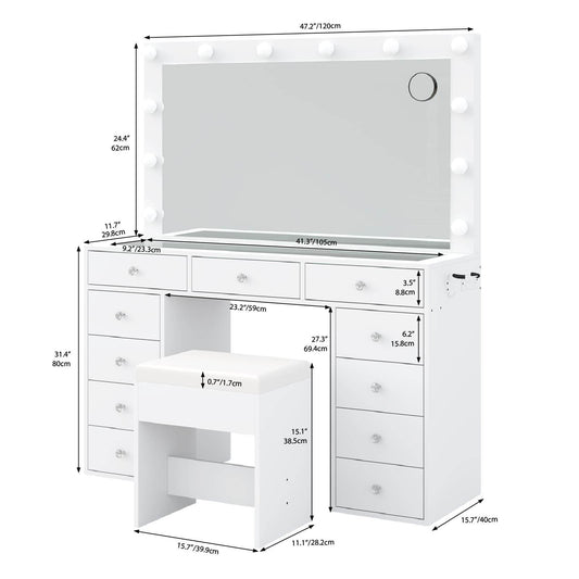 Yanosaku VD003 Bedroom Makeup Vanity desk with LED Mirror, 11 Drawers - Loft&Timber